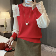 钉珠设计感泡泡袖红色蕾丝衫慵懒风元旦显瘦上衣小个子小衫
