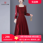 酒红色连衣裙2024春季礼服时尚收腰中长款高级轻奢法式小众女