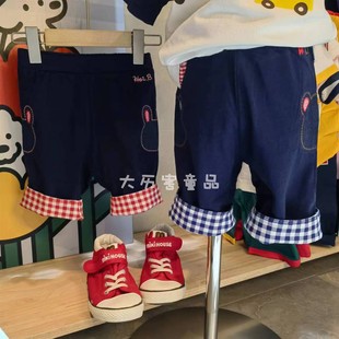 miki24夏款日系中小男女儿童短裤可爱熊兔头六分格子翻边短裤