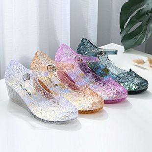 塑料凉鞋女夏包头坡跟防滑舒适软底透气洞洞透明一字带水晶果冻鞋