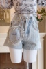 蓝色牛仔短裤女装夏2023年韩国设计感重工钉珠爱心毛边复古阔腿裤