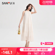 三福连衣裙2024夏季设计感气质挂脖海边度假长款白色裙子女装