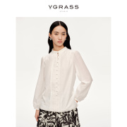 vgrass甜美白色气质长袖，衬衫女24年春季休闲花边织带上衣