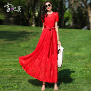 夏季红色雪纺连衣裙女长款到脚踝，2024圆领系带，超长印花大摆裙