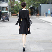 长袖黑色连衣裙春2024法式复古收腰显瘦v领气质假两件裙子女