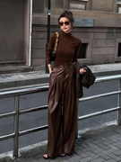 2023秋季今年流行漂亮气质名媛女装高端性感棕色皮裤两件套装