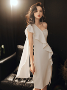 洋装白色晚礼服裙子法式气质短款单肩平时可穿宴会主持生日连衣裙