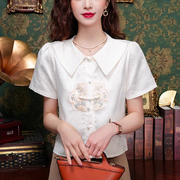 新中式刺绣短袖衬衫女夏娃娃领泡泡袖短款衬衣国风小衫小个子上衣