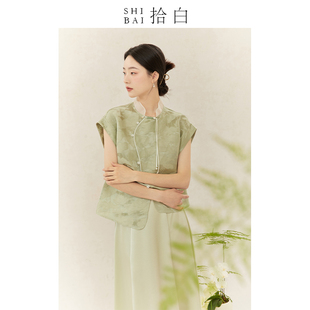 SHIBAI拾白新中式上衣夏季原创国风丝麻莲荷纹提花真丝禅意茶服女