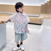 韩版男童夏装清新碎花衬衫+棉牛仔短裤两件套装帅气小众3岁男童装