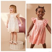 英国next童装24夏女童女，宝宝纯色绣花棉质，花边袖短袖连衣裙洋装