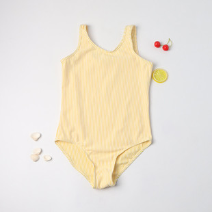 出口外单女童连体泳衣 可爱条纹柠檬黄色儿童连身游泳衣 5-10岁