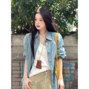 日系ins潮蓝色格纹长袖衬衫外套女夏季休闲简约翻领防晒开衫上衣