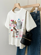 可爱猫咪兔子图案短袖字母，印花甜美设计纯棉，夏季t恤修身辣妹上衣