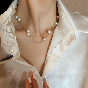 欧美小众设计双层项链ins复古珍珠锁骨链网红简约时尚吊坠颈链女