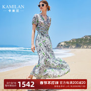 卡米兰海边度假真丝套装女2023夏季短款短袖上衣+高腰半身裙