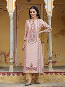 印度进口民族风上衣七分袖Viscose印花日常服装圆领 藕粉色