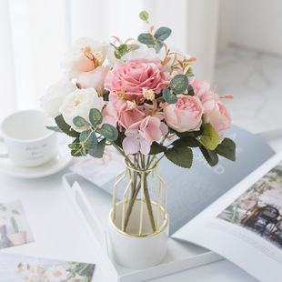 北欧仿真玫瑰花束塑料绢花假花家居，客厅装饰摆件婚庆花瓶插花