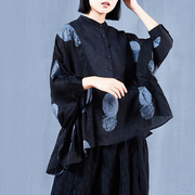 亚麻宽松印花衬衫女中国风，大码蝙蝠袖，上衣文艺复古显瘦棉麻衬衣