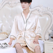 韩版睡袍男士夏季冰丝中长袖，睡衣系带浴袍夏天薄款短袖家居服大码
