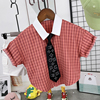 男童短袖格子衬衣宽松韩版2024夏季蝙蝠袖儿童时尚衬衫个性娃娃衫