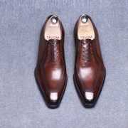 牛津鞋系带商务男鞋尖头布洛克透气真皮手工，固特异琴底英伦擦色鞋
