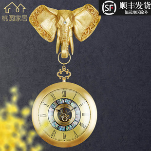 黄铜大象钟表欧式挂钟玄关客厅时尚装饰品别墅大厅壁挂饰美式时钟