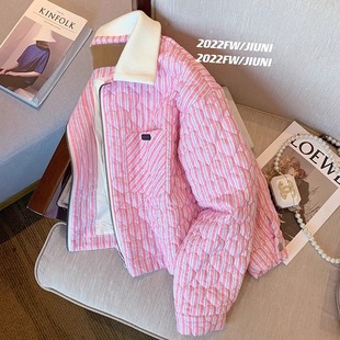 捡漏翻领粉色条纹小香风棉服外套女秋季设计感别致减龄夹克韩