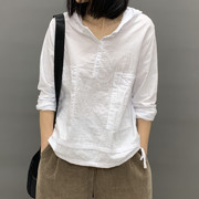 韩版女装t恤帽衫长袖纯棉布，t恤衬衣，宽松棉麻文艺复古上衣外套