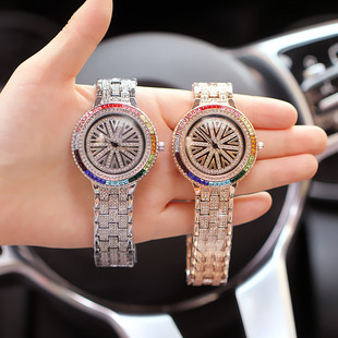 时装表大表盘网红款时尚，指针式镶钻钢带女士手表时来运转腕表