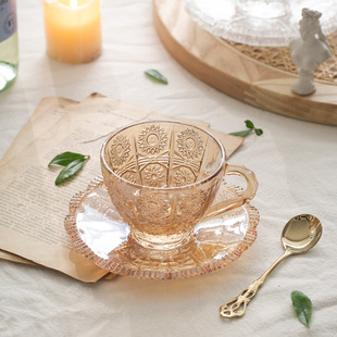 复古浮雕刻花玻璃杯碟，下午茶杯水杯咖啡杯子，家用欧式茶具宫廷风