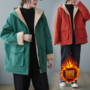 羊羔绒棉服女中长款韩版宽松2024冬季新款加厚保暖派克服工装外套