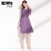 秋款女装2021年v领气质双排，扣百褶拼接紫色，长袖连衣裙女春秋