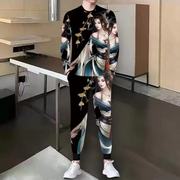 秋季男士长袖t恤套装运动休闲韩版潮流民族风时尚3D印花爸爸男装