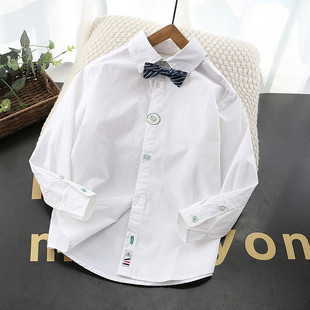 绅士范~男童白色长袖衬衫，2023儿童纯棉翻领上衣，中大童领结白衬衣(白衬衣)