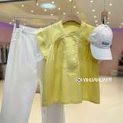 韩版宽松圆领无袖洋气甜美飞飞，袖坎肩黄色，衬衫减龄法式上衣女夏季