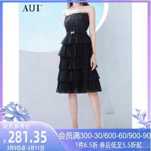 AUI高端名媛洋气蛋糕连衣裙女2023夏季设计感小众气质小黑裙