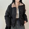 韩国chic冬季法式减龄宽松百搭格纹棉服拉链拼接毛领长袖棉衣外套