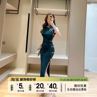 绿色新中式旗袍女夏季气质优雅中国风古法无袖盘扣修身开叉连衣裙