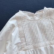 日式棉布白色上衣小衫气质风琴褶，刺绣花边圆领纯棉衬衫女娃娃衫