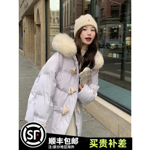 紫色大毛领棉衣棉服女2023设计感韩系牛角扣面包服冬季外套