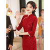 旗袍敬酒服红色新中式，改良长款新娘结婚礼服，蕾丝年轻款订婚连衣裙