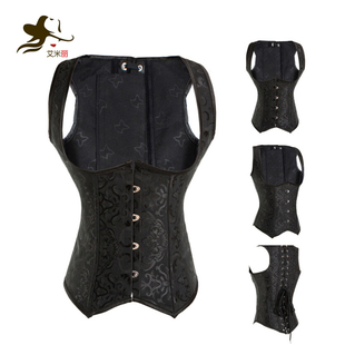 corset宫廷黑色钢骨塑身衣，束腰托胸性感矫背束身衣马甲大码外穿