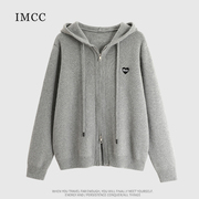 imcc设计感小众韩系爱心刺绣双拉链羊毛连帽毛衣女冬宽松开衫外套