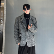 秋冬复古灰色羊毛呢西装男小众拼皮设计感韩版加厚高级感西服外套