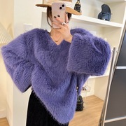 时髦慵懒V领宽松毛衣外套上衣韩国风款袖子设计显瘦长毛毛紫色咖