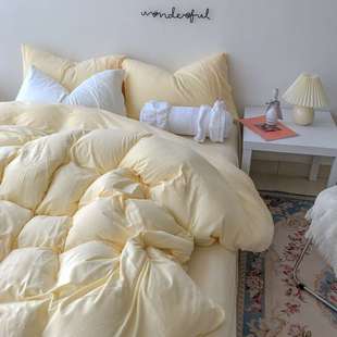 高档优恋家居淡黄色柔软针织棉四件套全棉纯棉被套床单1.5/1.8米