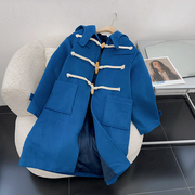 4斤蓝色宽松牛角扣呢子，外套连帽长袖保暖大衣，时尚休闲洋气l$11