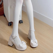 玛丽珍高跟女鞋小众设计粗跟带蝴蝶结2023白色圆头小个子单鞋