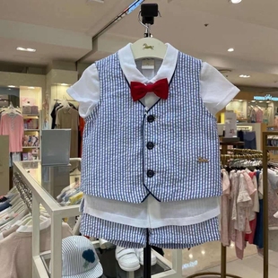 韩国潮童装夏男童(夏男童)宝宝领结，短袖衬衣马甲绅士三件套装礼服